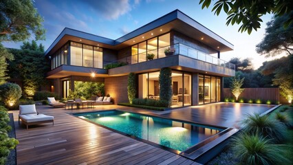 Fototapeta premium This contemporary house boasts a generous swimming pool, complemented by lush foliage, providing a peaceful outdoor