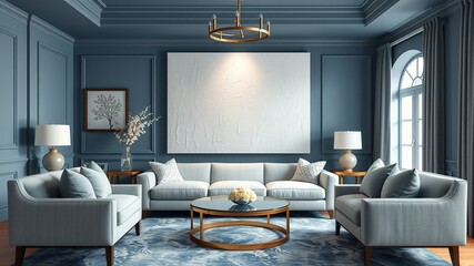 Elegant blue-gray salon mockup features a luxurious sofa surrounded by sophisticated decor, centered around a large white canvas, exuding refinement and understated luxury.
