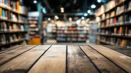 Wooden Table Platform with Blurred Library Background