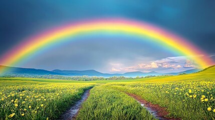 Obraz premium Vibrant Rainbow Over Rain-Kissed Field, showcasing a stunning arc of colors in the sky above lush greenery, capturing nature's beauty after a refreshing rain.