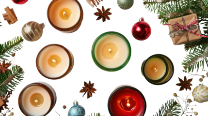 Scented candles arranged on a fireplace mantle, on white background