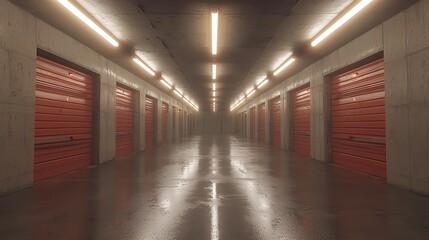 Obraz premium A long corridor lined with red storage unit doors, lit by fluorescent lights.