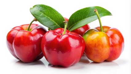 Vibrant acerola fruit isolated on a clean white background, perfect for promoting healthy living and enhancing culinary presentations in stock photo collections.