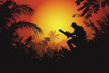 Silhouette of a Man With Chainsaw in the Jungle at Sunset