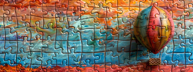 A colorful hot air balloon floating above an artistic puzzle background, showcasing vibrant hues of orange, blue, and yellow.