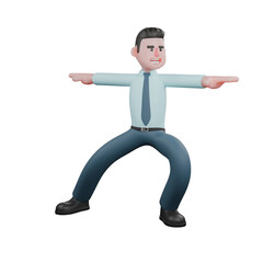 3D Male Financial Analyst Economic Illustration. A male financial analyst is standing with his legs bent and both hands raised straight to the side. Professional