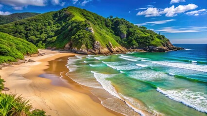 Beautiful sandy beach with crystal clear water and lush green cliffs in Rosa Beach, Santa Catarina