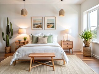 This stylish modern Bohemian desert home features a luminous white bedroom with a cozy bed and a trendy