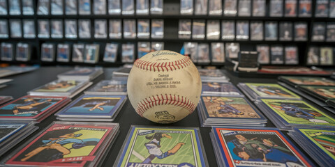 Vintage baseball surrounded by collectible sports cards, showcasing rich sports history.