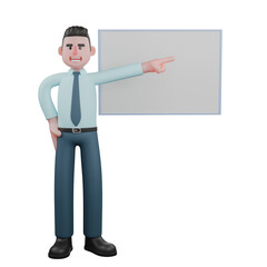 Professional 3D Male Economic Financial Analyst. A male financial analyst is standing in front of a whiteboard with his left hand pointing to the left while his right hand is on his waist. Cartoon