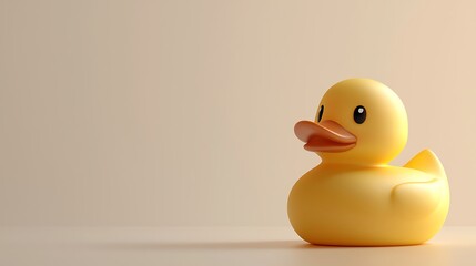 A yellow rubber duck toy set against a soft beige background, evoking minimalist bath time fun.