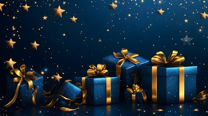 Illustration of blue gifts with golden bows and ribbons placed on blue background near stars