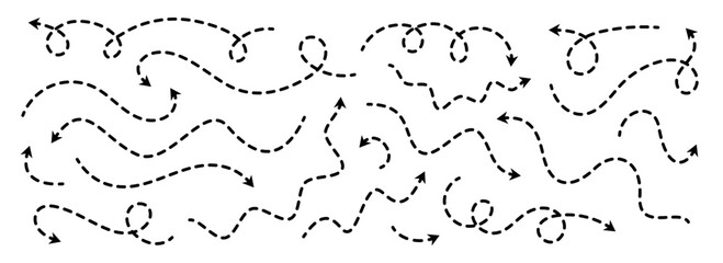 Black dotted thin arrows set. Wavy and curved dashed pointers collection. Wiggly sketchy direction lines. Dots squiggle loop stripe design elements bundle for flyer, poster, brochure. Vector