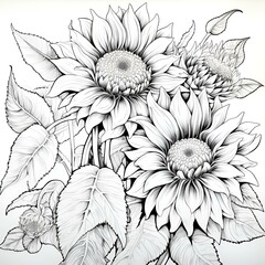 Sunflowers Black and White Coloring Page, Coloring Book Illustrations