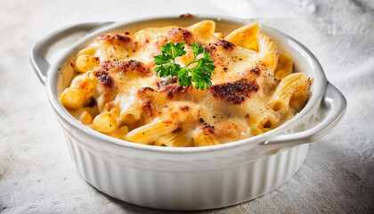 A front view fragrant mac and cheese with white background and spotlight for advertise and presentation