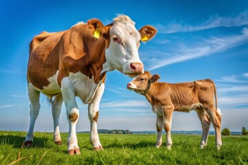 Under a vast blue sky, a calf gently nuzzles its mother in a sunlit field, surrounded by wildflowers,
