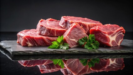 Pieces of raw fresh meat isolated on black stone board mirrored side view, raw, fresh, meat, isolated, black, stone