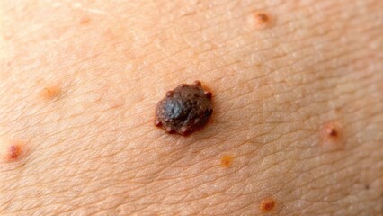 Close-up image of a nevus mole on human skin, showing an irregular birthmark, Nevus, mole, birthmark, skin