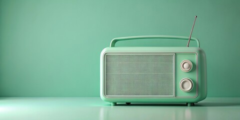 Obraz premium Vintage mint green radio on monochrome background, retro, technology, nostalgia, music, vintage, broadcast, communication