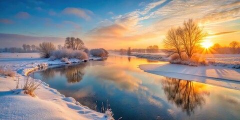Naklejka premium Winter morning sunrise over a frozen river with a beautiful snow-covered landscape , sunrise, frozen river, winter, morning