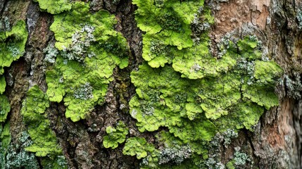 Close-up of vibrant green lichen on a tree bark, showcasing nature's textures and colors.
