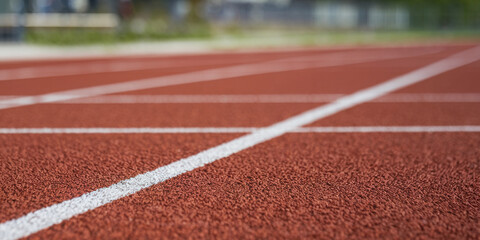 Close-up of a red running track with white lane markings in focus.