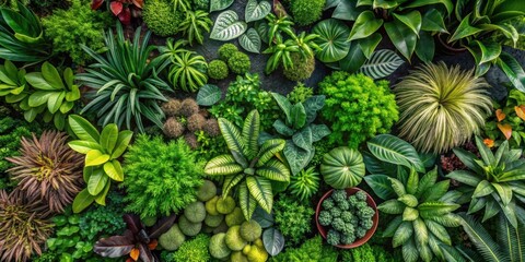Fototapeta premium A collection of lush plants seen from above on a background, trees, plants, greenery, aerial view, isolated, foliage