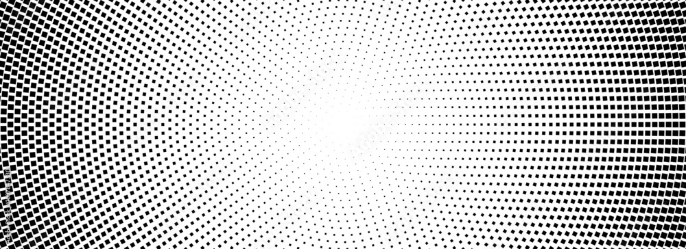 Poster halftone concentric dotted background. square dots comic gradient texture. radial fading gradation w