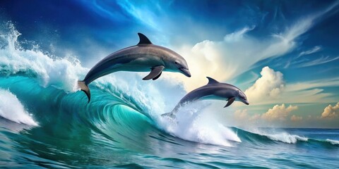 Obraz premium Two dolphins leaping out of the sea water with a large ocean wave in the background, dolphins, sea, water, ocean, wave
