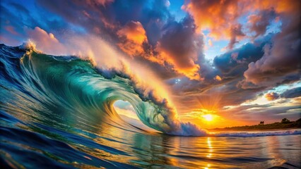 Colorful ocean wave in crest shape with sunset light and beautiful clouds, ocean, wave, colorful, crest, sea water, sunset