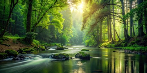Obraz premium Serene wallpaper with forest scene & flowing river, nature, wallpaper, trees, river, serene, forest, tranquil, peaceful