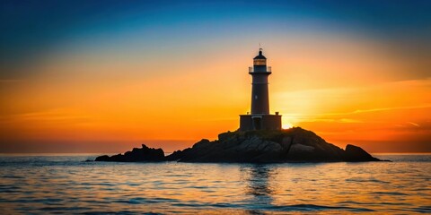 Fototapeta premium Silhouette of a lighthouse on a rocky island in the ocean, lighthouse, silhouette, rocky, island, ocean, seascape, beacon