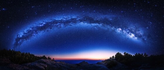 Fototapeta premium A stunning panoramic view of the Milky Way galaxy over a serene landscape at twilight.