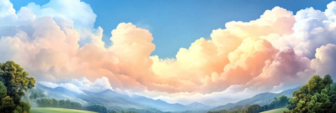 A breathtaking landscape of rolling hills and fluffy clouds.