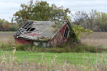Abandoned house in a field with dry grass and trees.