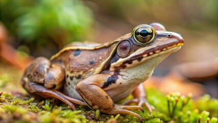 Obraz premium Closeup of a Wood Frog in Northern Wisconsin, Wood frog, amphibian, wildlife, nature, closeup, northern Wisconsin, green, brown