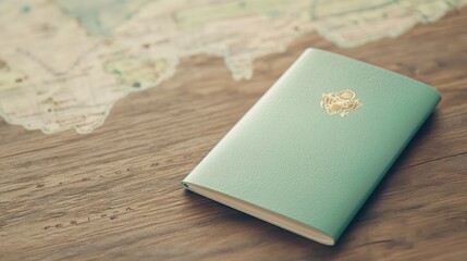 A mint green notebook rests on a wooden surface, with a world map blurred in the background, evoking a sense of travel and exploration.