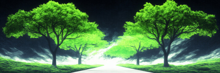 Fototapeta premium A picturesque path leads through a vibrant green forest, bathed in a mystical light.