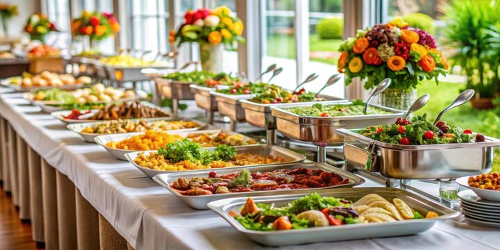 Buffet catering for a wedding reception with a variety of delicious food options, wedding, buffet, catering, food, reception