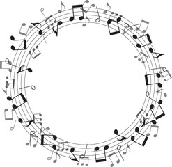 黒い音符の円形フレーム、躍動感のある音楽背景ベクターイラスト