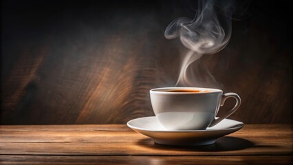 Fototapeta premium Steaming coffee cup on a saucer, hot, beverage, morning, caffeine, drink, mug, aroma, refreshment, espresso, latte, barista