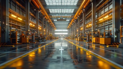 Fototapeta premium Empty industrial space with yellow overhead cranes and a wet floor. AI generative. .