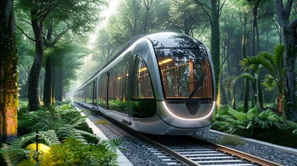 Futuristic train travels through a misty green forest. AI generative. .