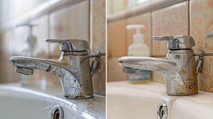 Bathroom Faucet Transformation: Comparing Images of Dirty Stainless Cover with Hard Calcium Stains Before and After Cleaning