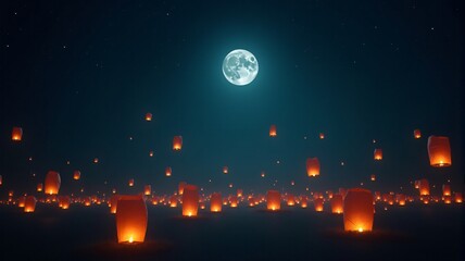 A serene night sky background filled with glowing Chinese lanterns floating upwards, accompanied by a large full moon and stars.