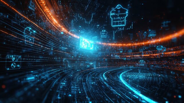 Digital lines flowing through a stadium, merging with financial symbols, representing sports events and economic impact