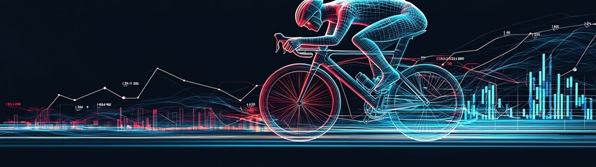 Fototapeta premium Flowing lines of a cyclist in motion, merging with graphs and statistics, representing sports performance metrics and business value