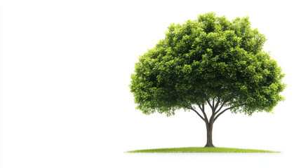 A single tree with lush green leaves stands tall against a white background.