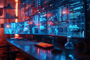 A desk with three monitors displaying graphs and data in blue and red hues. AI generative. .