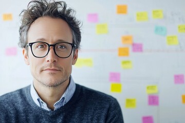 Young creative director brainstorming ideas on a whiteboard, surrounded by colorful markers and sticky notes